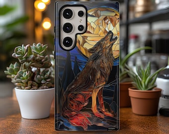 Wolf Full Moon Phone Case Faux Stained Glass Howling Wolf Cover Gift for Wolf Lover for Galaxy S24 23 22 21 20 10 iPhone 7 8 11 12 13 14 15