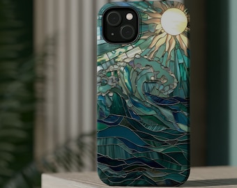 May include: A smartphone case featuring a stained glass style design of a large ocean wave in shades of teal, navy, and blue, with a bright yellow sun shining in the upper right corner. The artwork consists of segmented pieces with dark outlines.