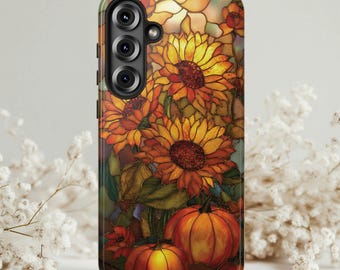 Sunflower Pumpkin Phone Case, Fall Harvest Phone Cover, Faux Stained Glass Case, Autumn Floral iPhone Case, Thanksgiving Halloween Giften