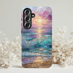May include: A phone case featuring a sunset over the ocean. The design includes shades of blue, purple, and gold, with a sun setting over the water. The case has a glossy finish and a camera module on the side.