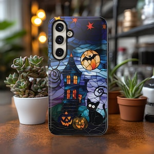 Funda de teléfono de Halloween Spooky Haunted House Cubierta de vidrieras falsas Regalo de amante del gato negro para Galaxy S 24 23 22 Pixel 6 7 8 iPhone 15 14 13 12