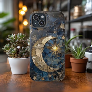 Moon and Stars Phone Case, Celestial Phone Cover Magsafe Compatible Starry Night Sky Space Lover Gift for iPhone 15 14 13 Faux Stained Glass