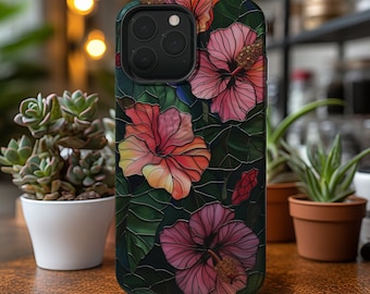 Tropical Flowers Phone Case Faux Stained Glass, Hibiscus Tropical Foliage Cover, MagSafe Tough Case, iPhone 13 14 15 Plus Pro Max Mini