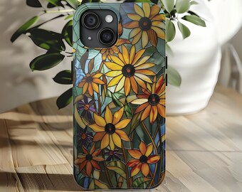 Funda para teléfono con flores silvestres, diseño floral, imitación de vitral, flor de rudbeckia, regalo para amantes de las flores, para iPhone 7, 8, 11, 12, 13, 14 y 15, Día de la Madre y Navidad.
