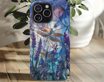 Dragonfly and Lavender Phone Case MagSafe Compatible Floral Dragonflies Faux Stained Glass Cover Flower Lovers Gift for iPhone 13 14 15