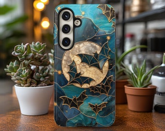 Halloween Phone Case Celestial Bats Gothic Faux Stained Glass Witchy Cover Spooky Night Sky Moon and Stars Case for Galaxy, iPhone Pixel