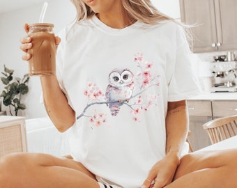Owl Flowers Shirt Cute Owl T-Shirt Floral Night Owl T Shirt Mystical Bird Tee Comfort Colors Flowering Owl Outfit Bird Watchers Lovers Gift