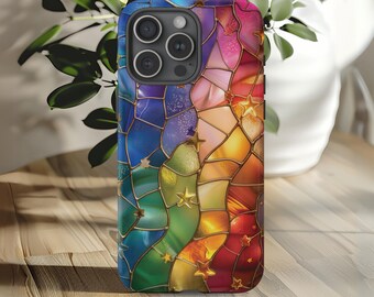 Rainbow Stars Phone Case Faux Stained Glass Pastel Cover Gift for Rainbow Lovers for Galaxy S24 23 22 21 20 10 iPhone 7 8 11 12 13 14 15