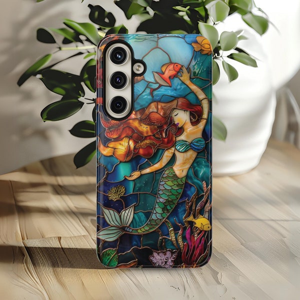 Mermaid Phone Case Whimsical Siren Phone Cover Faux Stained Glass Mermaid Gifts for Galaxy S 24 23 22 21 20 10 iPhone 15 14 13 12 11 8 7