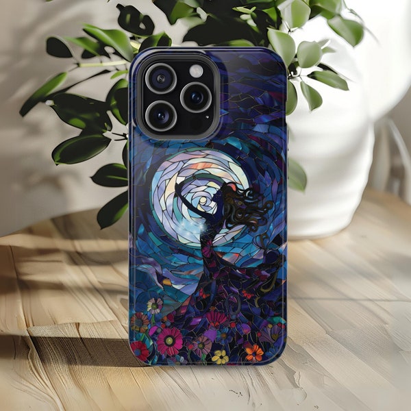 Celestial Phone Case Enchanted Moon Phone Cover Faux Stained Glass MagSafe Compatible Magical Night Case for iPhone 13 14 15 Christmas Gift