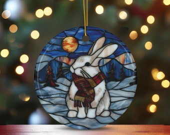 Christmas Bunny Ornament Christmas Tree Decor Rabbit Faux Stained Glass Ceramic Ornament Nature Lovers Christmas Gift for Family Friend Host