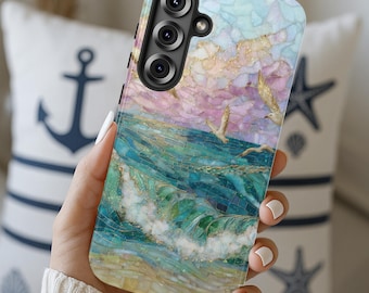 Beach Phone Case Coastal Faux Stained Glass Phone Cover Summer Sunset Case Ocean Lovers Gift Nautical Seaside Cover for Galaxy Pixel iPhone