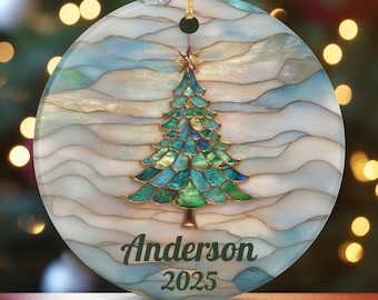 Personalized Christmas Ornament, Custom Name Xmas Keepsake 2025, Christmas Tree Faux Stained Glass Ornament Custom Christmas Gift for Family