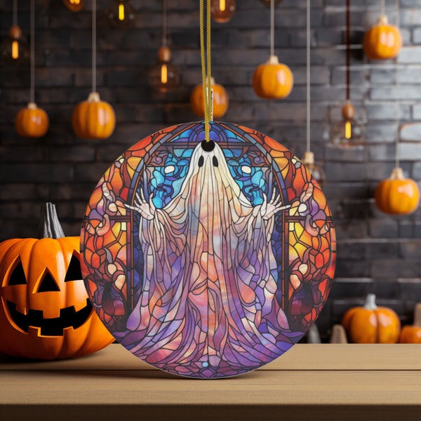 Halloween Ornament Ghost Faux Stained Glass Ornament, Glass Halloween Ornament, Halloween Tree Decor,  Available in Glass, Ceramic, Metal