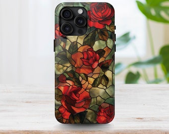 Floral Phone Case Faux Stained Glass, Red Roses Cover, iPhone 7 8 X 11 12 13 14 15 Plus Pro Max Mini XS XR Se, Flowers Case Grunge