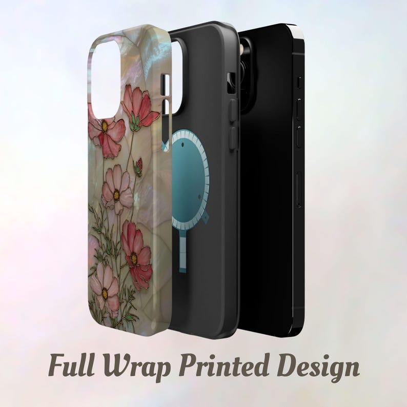 May include: Three phone cases. The first case has a floral design with pink flowers and green stems. The second case is black with a teal circular design. The third case is black. The text "Full Wrap Printed Design" is at the bottom.
