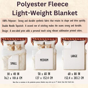 May include: A light-weight polyester fleece blanket is shown in three sizes: small (76.2 x 101.6 cm), medium (127 x 152.4 cm), and large (152.4 x 203.2 cm). The blanket is displayed on a bed. The image text describes the blanket's features.