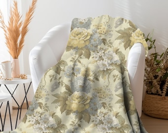 French-Inspired throw Blanket, French Country- Inspired Decor, Cream & Pale Blue Floral Blanket, Floral Throw Blanket, French Floral Decor