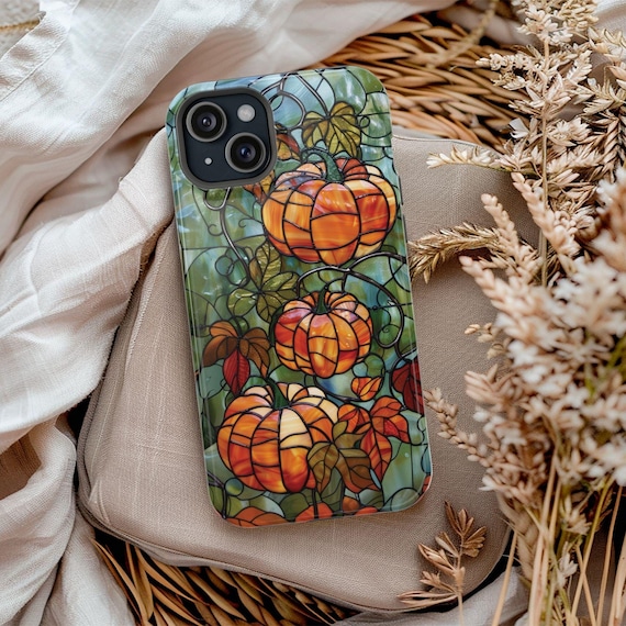 Pumpkins Fall Phone Case MagSafe Compatible Faux Stained Glass Autumn Leaves Phone Case Pumpkin Fall Lovers Gift for iPhone 16 15 14 13