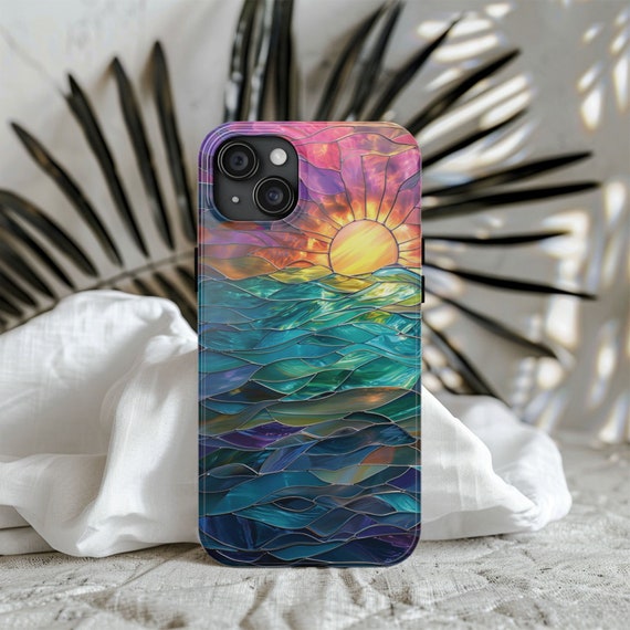 Ocean Sunset Phone Case Faux Stained Glass Beach Phone Case Nautical Sunrise Lovers Gift for iPhone 15 14 13 12 11 8 7 Galaxy S 24 23 22 21