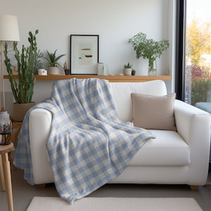 May include: A white couch with a blue and white checkered throw blanket. The couch is in a living room with a window and a shelf with plants.