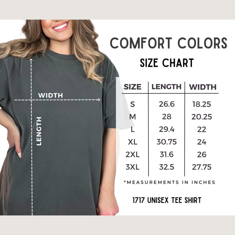 May include: Size chart for a unisex t-shirt, showing measurements in inches for sizes S, M, L, XL, 2XL, and 3XL. The chart shows the length and width of each size.