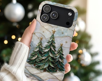 May include: A smartphone case featuring a stained glass style design of three evergreen trees with gold star toppers against a pearlescent white background. The trees are rendered in shades of deep green and teal with gold outlines.