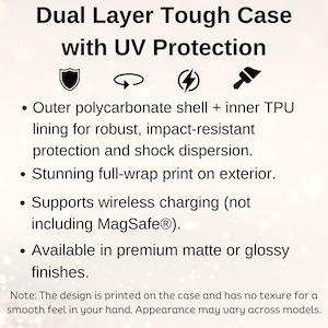 May include: Dual layer tough phone case with UV protection. The case features a polycarbonate shell and TPU lining for impact resistance. It supports wireless charging and has a full-wrap print design. Available in matte or glossy finishes.