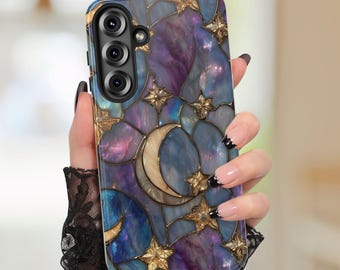 Celestial Phone Case Moon Stars Stained Glass Case Starry Night Sky iPhone Case Galaxy Case Aesthetic Witchy Phone Case Cosmic Gift