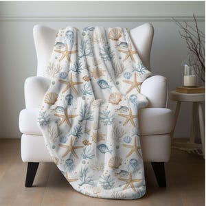Coastal Blanket Nautical Home Decor Beach Ocean Lover Lap Blanket Ocean Star Fish Home Decor Blue White Fleece Blanket Sea Shells Home Decor