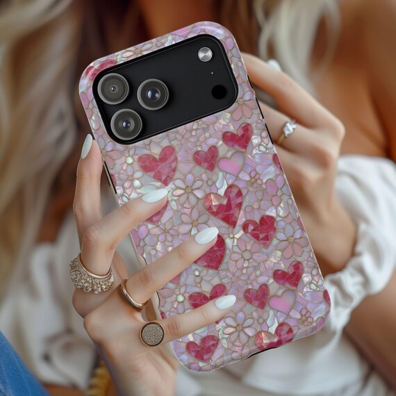 Valentine Hearts Phone Case Faux Stained Glass, Red Heart Floral Love Aesthetic Phone Cover Romantic Cottagecore Case for iPhone 17 16 15 14