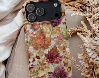 Fall Leaves Faux Stained Glass Phone Case, Autumn Woodland Phone Case, Cottagecore Acorn Phone Cover, Thanksgiving Phone Case, Nature Gift