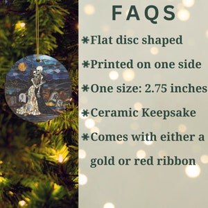 May include: Ceramic ornament featuring a stained glass style image of two skeletons holding hands in front of a graveyard. The ornament is 2.75 inches in diameter and comes with a gold or red ribbon.