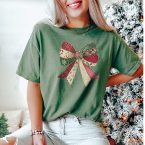 Patchwork Christmas Bow Shirt, Coquette Christmas Comfort Colors Tee, Mixed Pattern Winter Bow T-Shirt, Girly Xmas Party T Shirt
