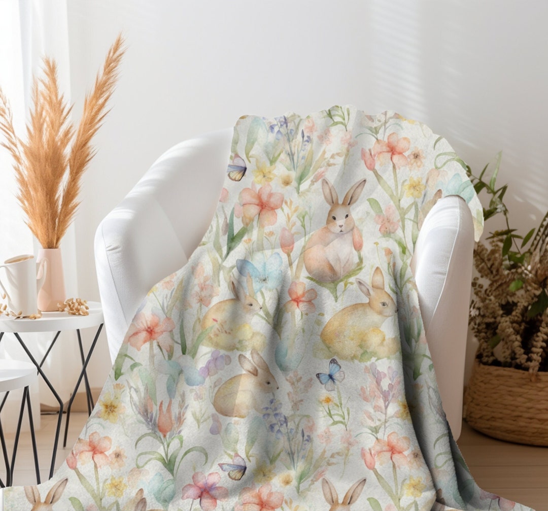 Watercolor Easter Throw Blanket, Easter Bunny Blanket, Spring Throw