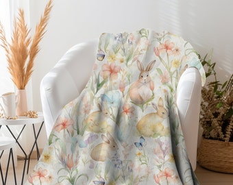 Watercolor Easter Throw Blanket, Easter Bunny Blanket, Spring Throw Blanket Easter Decor for Spring, Floral Spring Throw Blanket Cottagecore