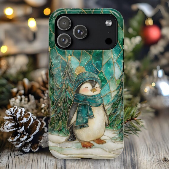 Christmas Penguin Magnetic Phone Case, Winter Faux Stained Glass Cover, Cute Artic Animal MagSafe Compatible Case for iPhone 17 16 15 14 13