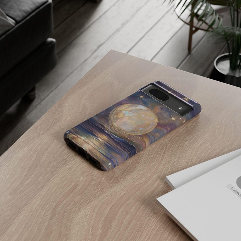 Funda para teléfono con diseño de luna, funda mística con luna celestial y estrellas de imitación de vidriera, funda para teléfono con cielo estrellado para Galaxy iPhone Pixel imagen 13