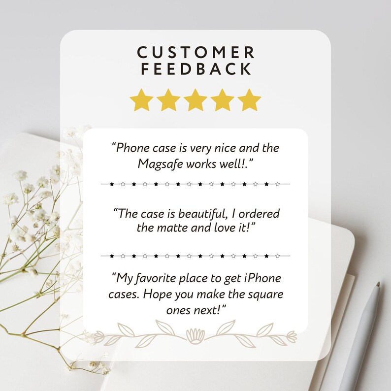 Op de afbeelding: Een afbeelding met klantfeedback op een witte achtergrond. De afbeelding bevat gouden sterren, tekst en bloemmotieven. De tekst bevat beoordelingen van telefoonhoesjes, met vermelding van de MagSafe-functie en de matte afwerking.
