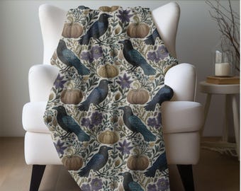 Raven Blanket Fall Gothic Throw Dark Cottagecore Fleece Blanket with Pumpkins & Florals Cozy Autumn Crow Blanket Gift for Black Bird Lover