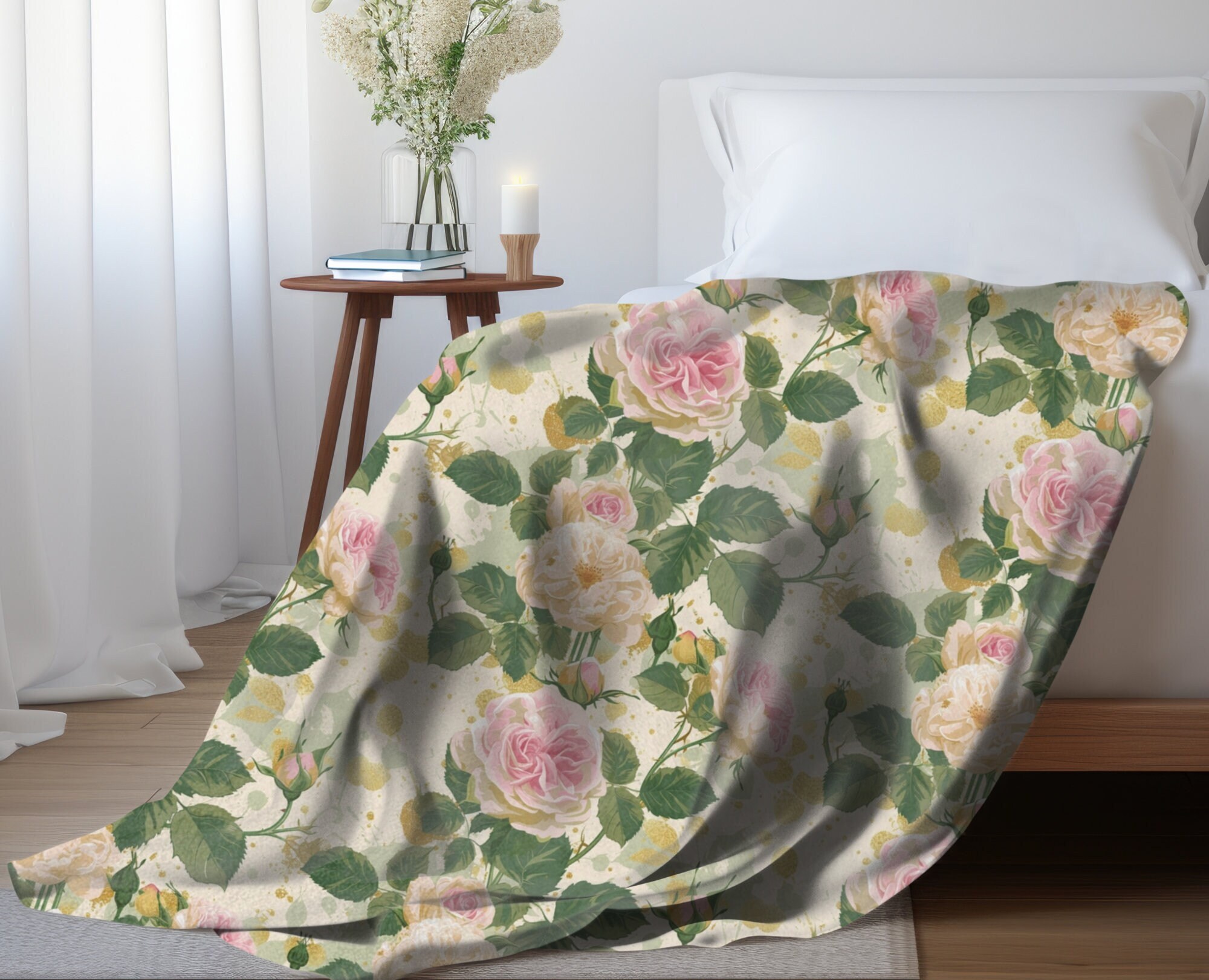 Pink English Roses Throw Blanket, Floral Home Decor, Cottage Garden ...