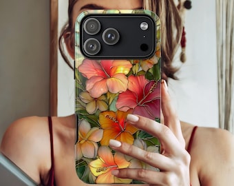Funda para teléfono con estampado de hibisco tropical, funda floral para teléfono, funda de imitación de vidriera de playa de verano, funda botánica hawaiana para iPhone Galaxy Pixel