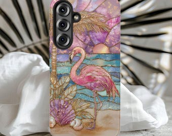 Coque de portable flamant rose, coque de portable plage tropicale, coque esthétique flamant rose en imitation de vitrail coucher de soleil côtier pour iPhone Galaxy Pixel