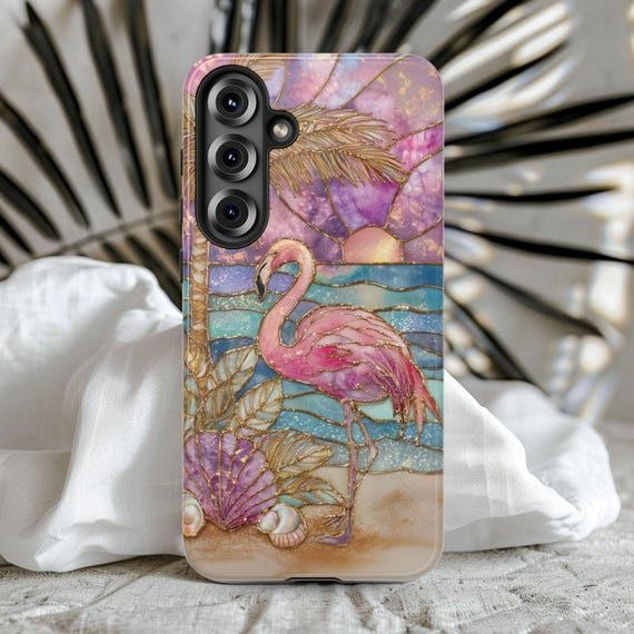 Pink Flamingo Phone Case, Tropical Beach Phone Case, Faux Stained Glass Flamingo Cover Coastal Sunset Aesthetic Case for iPhone Galaxy Pixel