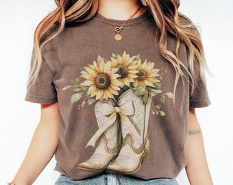 Western Coquette Shirt, Fall Sunflowers Bow T-Shirt, Comfort Colors Cowgirl Boots T Shirt, Flower Lover Gift, Floral Cowgirl Boots Crewneck