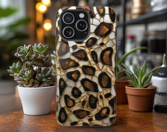 Leopard Print MagSafe Compatible Phone Case Faux Stained-Glass Animal Print Lovers Gifts for iPhone 13 14 15 Plus Pro Max Christmas Birthday