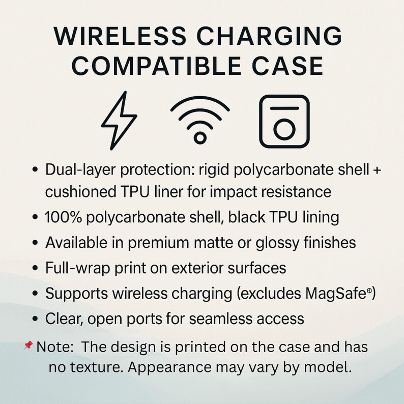 May include: Image features text: WIRELESS CHARGING COMPATIBLE CASE. The text is accompanied by icons for a lightning bolt, a wireless signal, and a rectangle with a circle. The text describes the case's features, including dual-layer protection, wireless charging support, and clear ports.