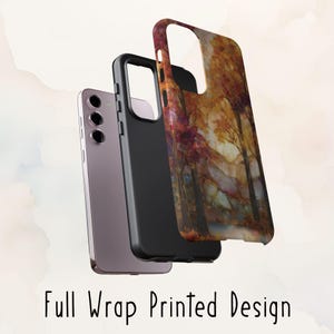 May include: A smartphone and three phone cases. The phone cases have a black interior and a full wrap printed design. The design features a watercolor painting of trees with red, orange, and yellow leaves. The text "Full Wrap Printed Design" is at the bottom.