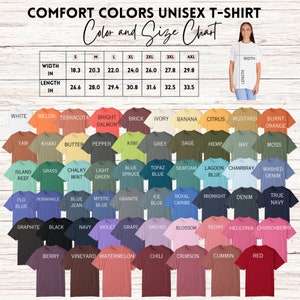 May include: A chart showing the color and size options for unisex t-shirts. The chart includes 36 different color options, with names like "Island Reef", "True Navy", and "Watermelon". The chart also includes a size chart with measurements in inches for width and length.