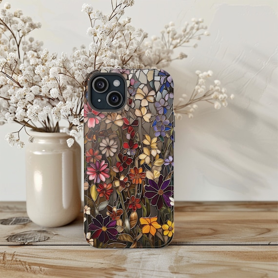 Flower Phone Case Wildflowers Magsafe Compatible Phone Case Faux Stained Glass Floral Cover Nature Lovers Gift for iPhone 13 14 15 Christmas